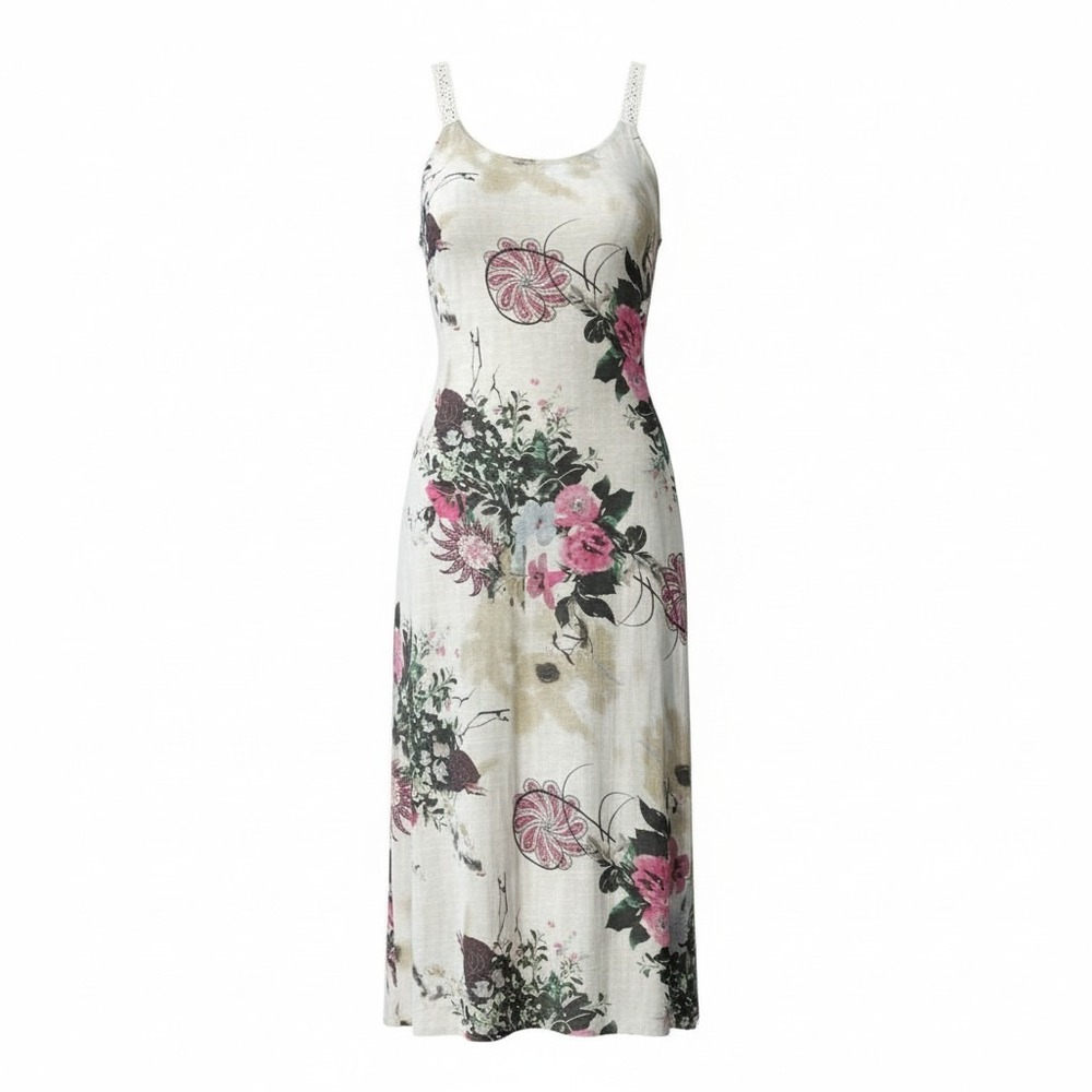 Cellabie Floral Midi Dress Women Small Cream Pink Crochet Lace Gauze Cottagecore